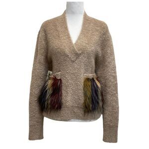 Zara Knit Tan Wool Blend Faux Fur Pocket Fluffy Teddy Bear Sweater